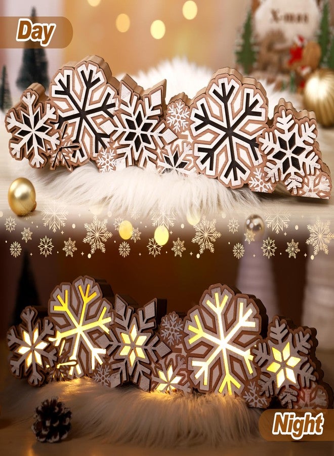 Glooglitter Winter Snowflake Wooden Tabletop Decoration Winter Sign LED Snowflake Centerpiece Wood Plaque Free Standing Wood Sign for Xmas Table Party 13.8 x 3.5 Inch - Image 2